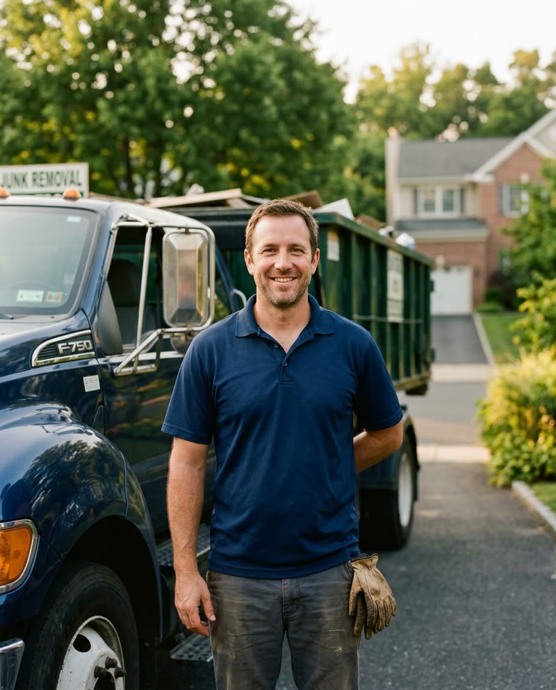 Mustafa, who runs NJ Indoor Outdoor Maintenance, standing beside one of the company's trucks