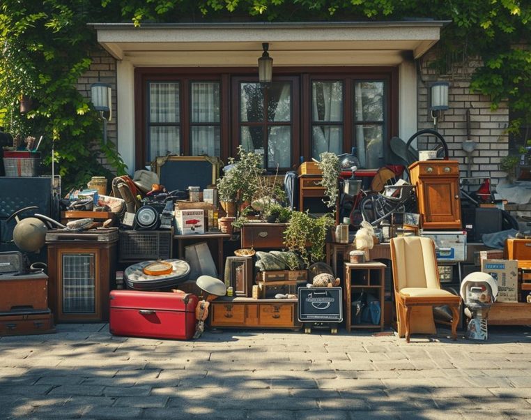 A driveway filled with furniture, cases and household clutter awaiting collection